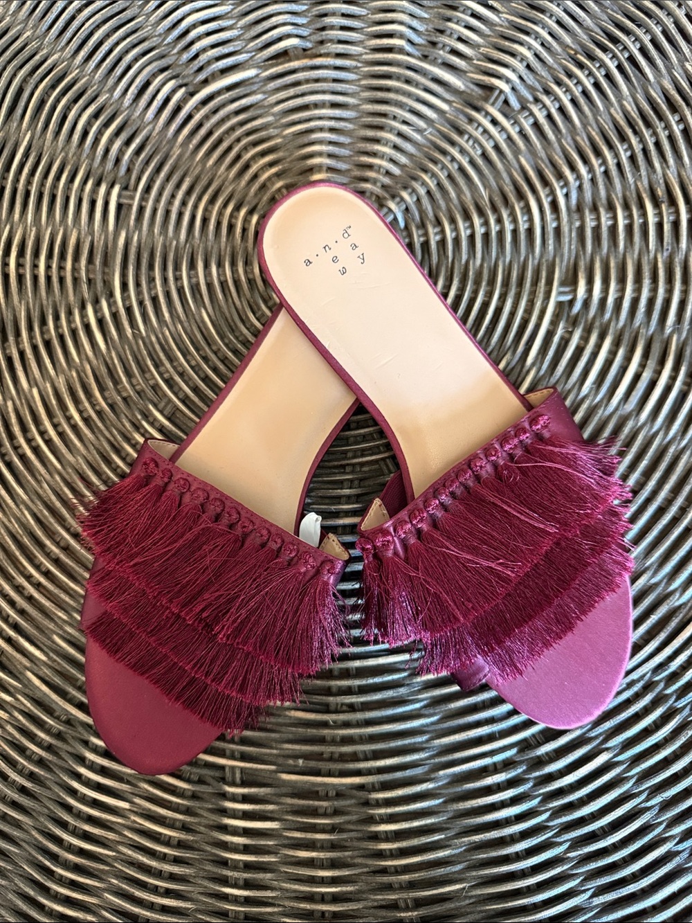 a new day Wine Fringe Satin Slide Mules